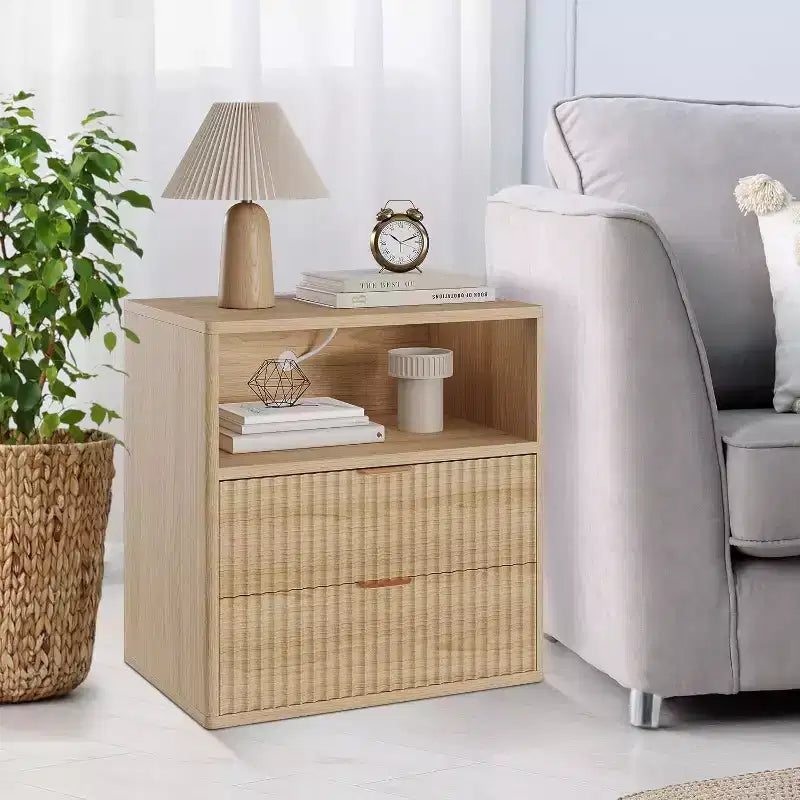 Acekool Fluted Farmhouse Nightstand with Charging Station, 23 Mid-Century Modern End Table with 2 Drawers & Open Shelf