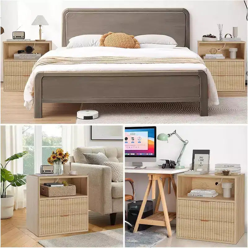 Acekool Fluted Farmhouse Nightstand with Charging Station, 23 Mid-Century Modern End Table with 2 Drawers & Open Shelf