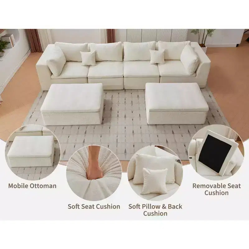 Sofa, Modular Sectional 140 U-Shaped  Cloud Boneless Couch with Double Chaise/Ottoman Chenille Memory Foam Pillows for Living Room