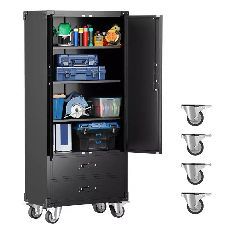 67 Black Metal Storage Cabinet with Wheel, Garage Storage with 2 Drawers + 4 Adjustable Shelves,Tool Cabinet with Locking Doors for, Workshop,Office