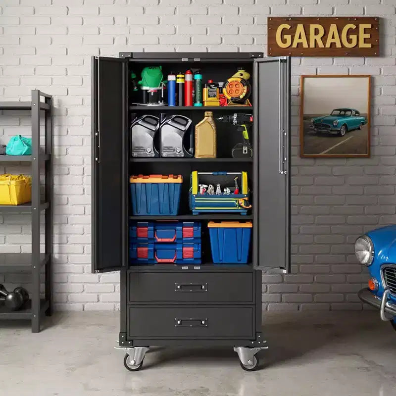 67 Black Metal Storage Cabinet with Wheel, Garage Storage with 2 Drawers + 4 Adjustable Shelves,Tool Cabinet with Locking Doors for, Workshop,Office