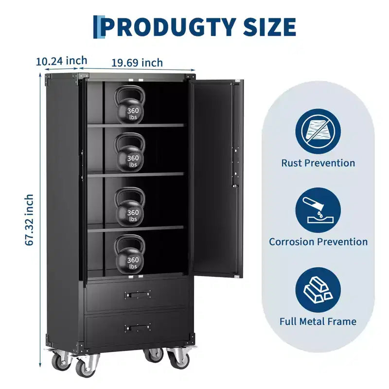 67 Black Metal Storage Cabinet with Wheel, Garage Storage with 2 Drawers + 4 Adjustable Shelves,Tool Cabinet with Locking Doors for, Workshop,Office
