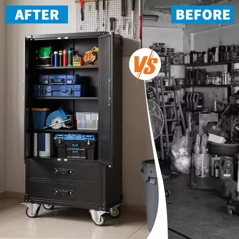 67 Black Metal Storage Cabinet with Wheel, Garage Storage with 2 Drawers + 4 Adjustable Shelves,Tool Cabinet with Locking Doors for, Workshop,Office