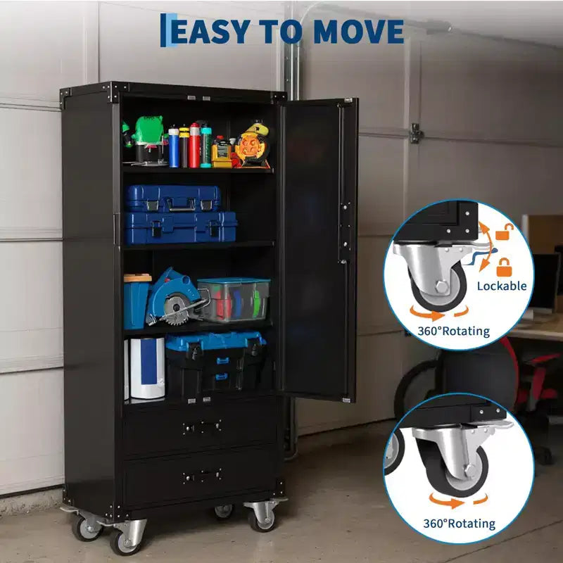 67 Black Metal Storage Cabinet with Wheel, Garage Storage with 2 Drawers + 4 Adjustable Shelves,Tool Cabinet with Locking Doors for, Workshop,Office