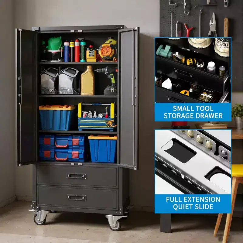 67 Black Metal Storage Cabinet with Wheel, Garage Storage with 2 Drawers + 4 Adjustable Shelves,Tool Cabinet with Locking Doors for, Workshop,Office