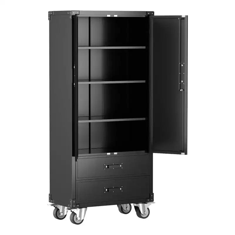 67 Black Metal Storage Cabinet with Wheel, Garage Storage with 2 Drawers + 4 Adjustable Shelves,Tool Cabinet with Locking Doors for, Workshop,Office