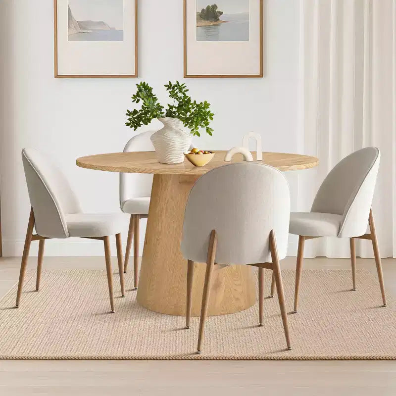 5-Piece Round Oak Dining Table Set, 46 Pedestal Table and 4 Upholstered Chairs with Oak Metal Legs for Kitchen or Dining Room-Panipeachy