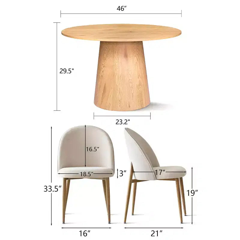 5-Piece Round Oak Dining Table Set, 46 Pedestal Table and 4 Upholstered Chairs with Oak Metal Legs for Kitchen or Dining Room-Panipeachy