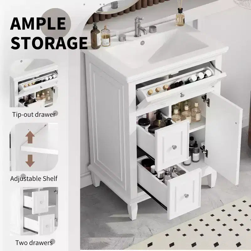 Bathroom Vanity With Sink, Bathroom Vanity Cabinet With 1 Flip Drawer, 2 Drawers And Adjustable Shelf, Freestanding Single Sink Vanity White