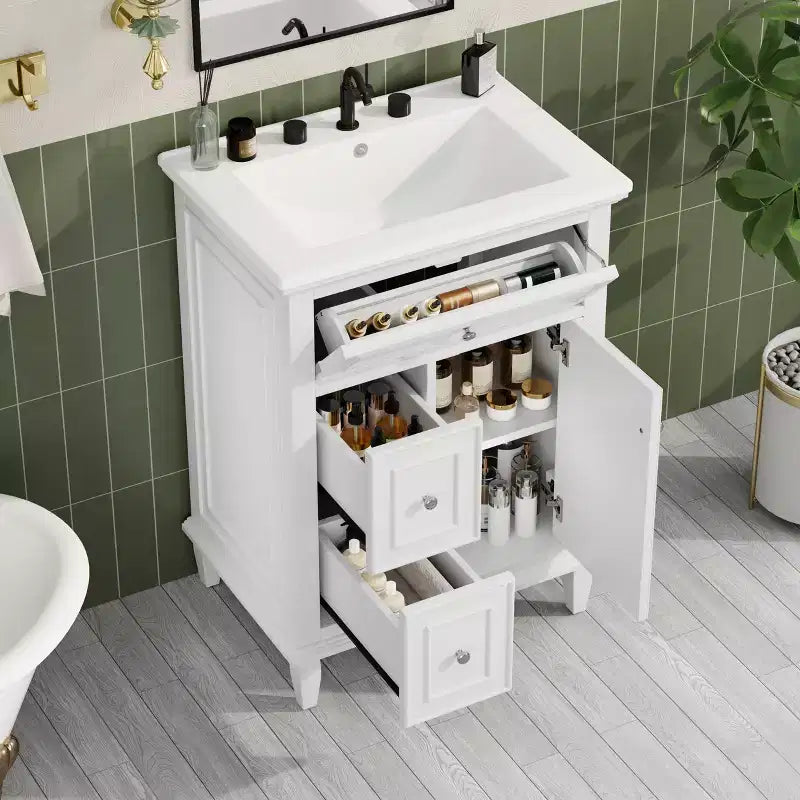 Bathroom Vanity With Sink, Bathroom Vanity Cabinet With 1 Flip Drawer, 2 Drawers And Adjustable Shelf, Freestanding Single Sink Vanity White
