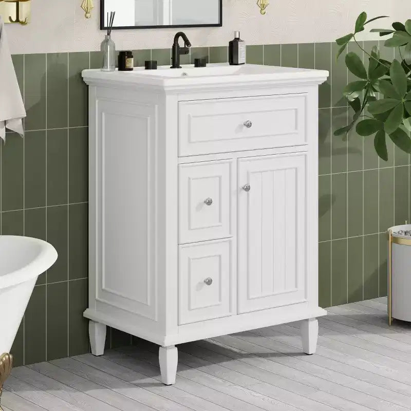 Bathroom Vanity With Sink, Bathroom Vanity Cabinet With 1 Flip Drawer, 2 Drawers And Adjustable Shelf, Freestanding Single Sink Vanity White