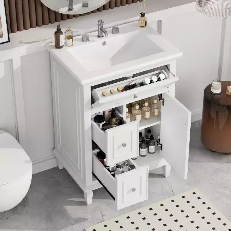 Bathroom Vanity With Sink, Bathroom Vanity Cabinet With 1 Flip Drawer, 2 Drawers And Adjustable Shelf, Freestanding Single Sink Vanity White