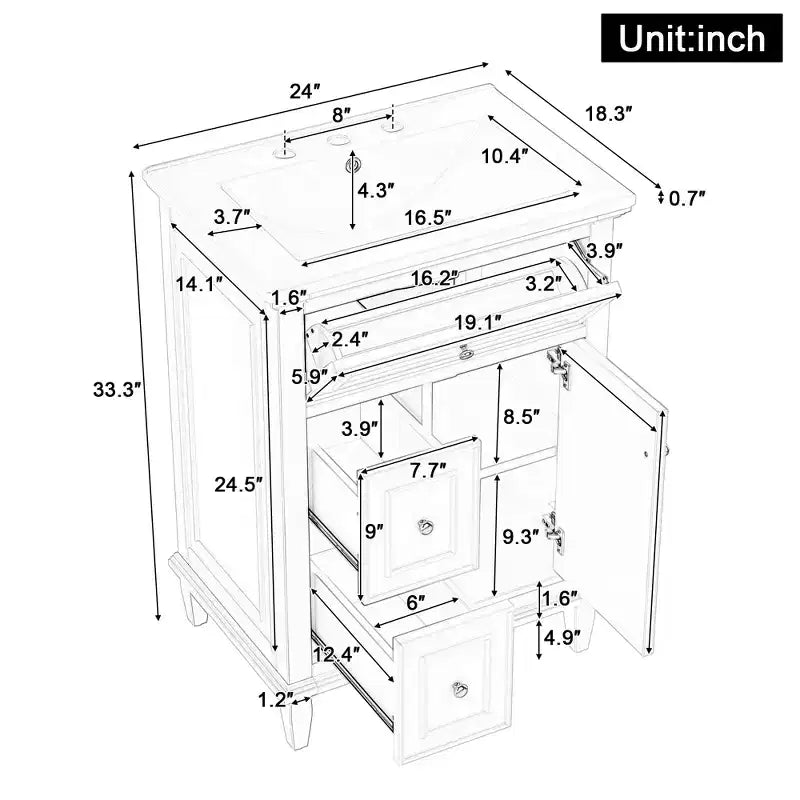 Bathroom Vanity With Sink, Bathroom Vanity Cabinet With 1 Flip Drawer, 2 Drawers And Adjustable Shelf, Freestanding Single Sink Vanity White