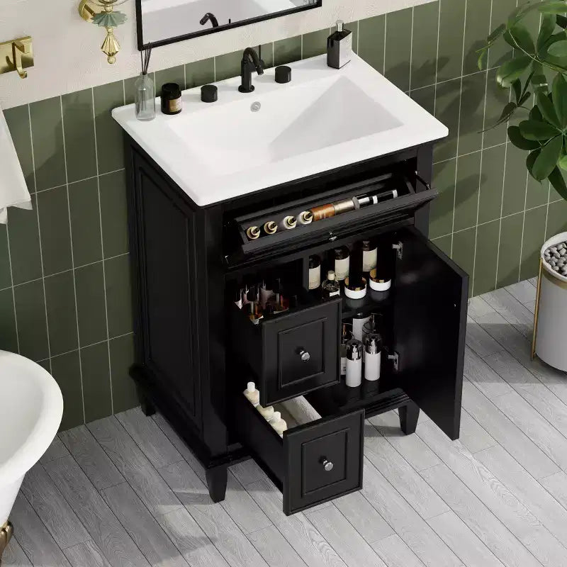 Bathroom Vanity With Sink, Bathroom Vanity Cabinet With 1 Flip Drawer, 2 Drawers And Adjustable Shelf, Freestanding Single Sink Vanity White