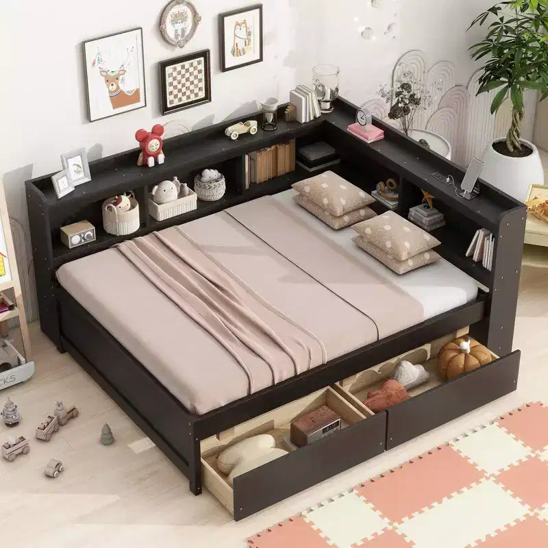 Full Size L-shaped Bookcases Bed with Power Outlets, USB Charging Ports,Two Drawers,Espresso Full Size L-shaped Bookcases Bed