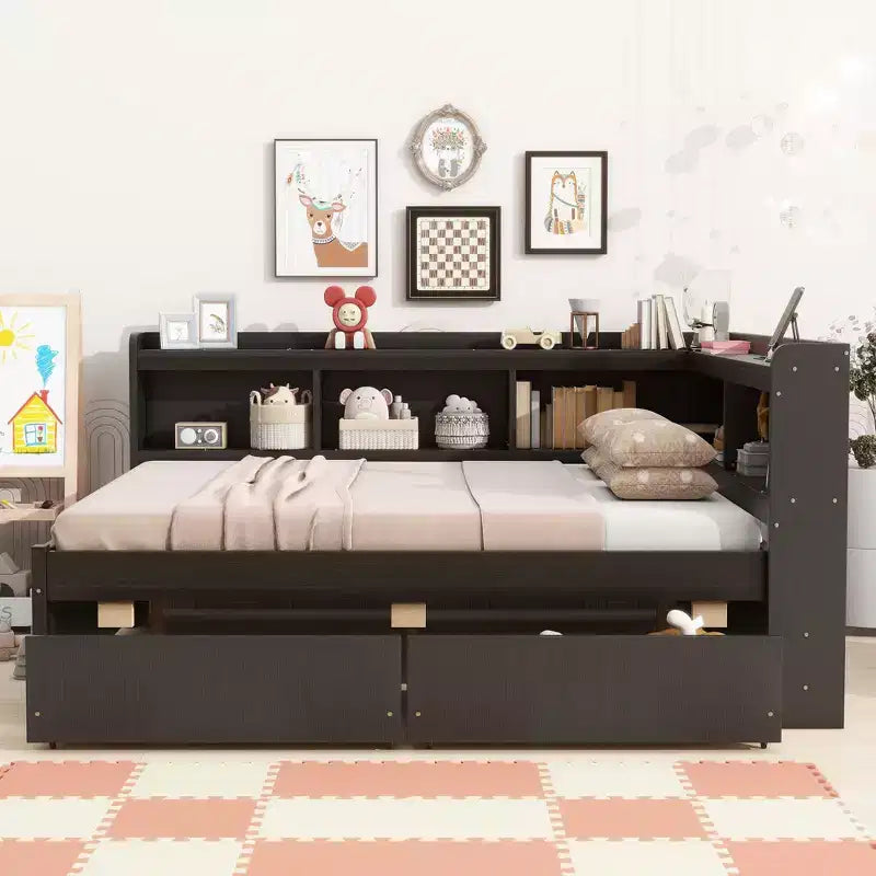Full Size L-shaped Bookcases Bed with Power Outlets, USB Charging Ports,Two Drawers,Espresso Full Size L-shaped Bookcases Bed