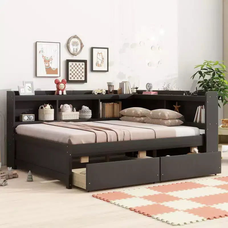 Full Size L-shaped Bookcases Bed with Power Outlets, USB Charging Ports,Two Drawers,Espresso Full Size L-shaped Bookcases Bed