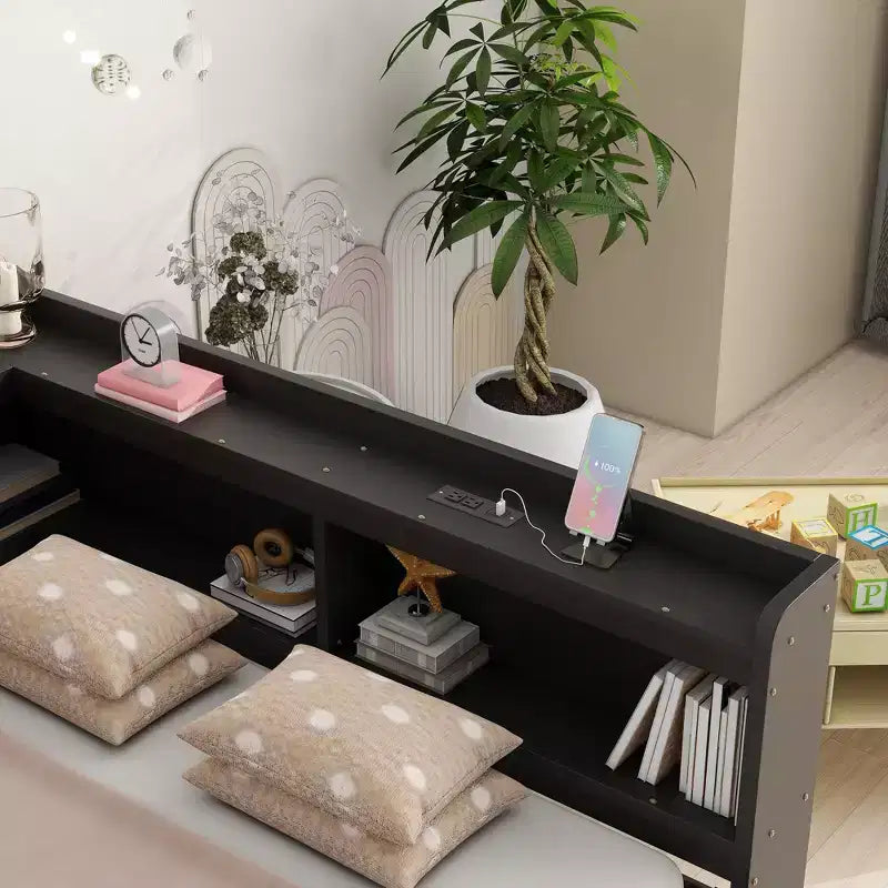 Full Size L-shaped Bookcases Bed with Power Outlets, USB Charging Ports,Two Drawers,Espresso Full Size L-shaped Bookcases Bed