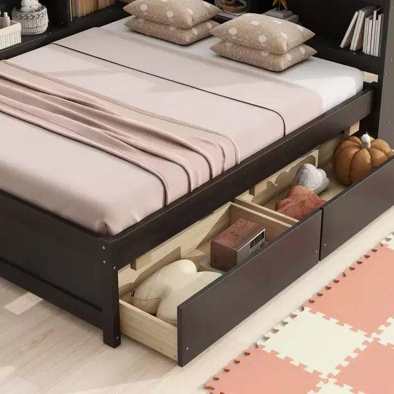 Full Size L-shaped Bookcases Bed with Power Outlets, USB Charging Ports,Two Drawers,Espresso Full Size L-shaped Bookcases Bed