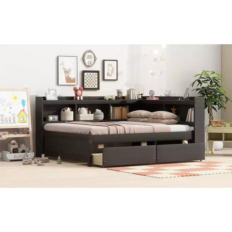 Full Size L-shaped Bookcases Bed with Power Outlets, USB Charging Ports,Two Drawers,Espresso Full Size L-shaped Bookcases Bed