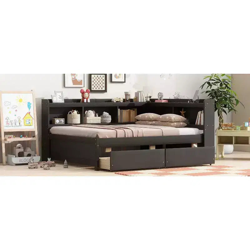Full Size L-shaped Bookcases Bed with Power Outlets, USB Charging Ports,Two Drawers,Espresso Full Size L-shaped Bookcases Bed