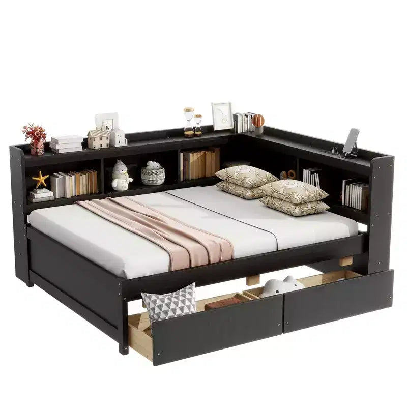 Full Size L-shaped Bookcases Bed with Power Outlets, USB Charging Ports,Two Drawers,Espresso Full Size L-shaped Bookcases Bed