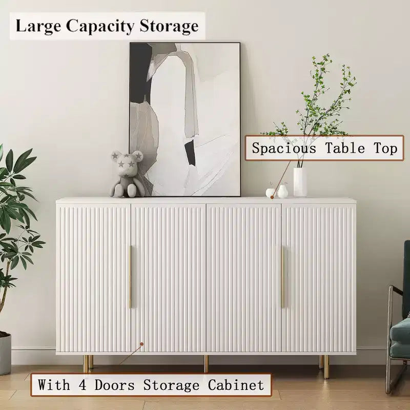JVNOXK 56.69-inch Modern Sideboard with Storage Functionality Large Sideboard with Grooved Side Panels and Adjustable Shelves White
