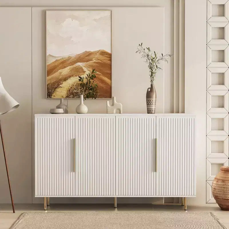 JVNOXK 56.69-inch Modern Sideboard with Storage Functionality Large Sideboard with Grooved Side Panels and Adjustable Shelves White