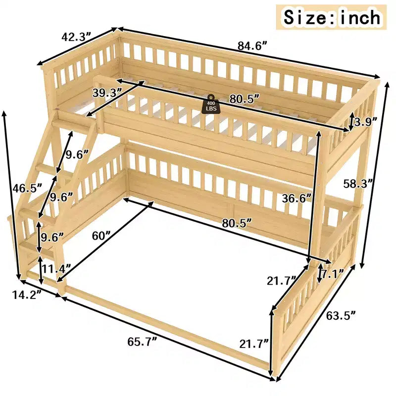 Twin XL/Full XL over Queen Bunk Bed with Ladder and Guardrails - ModernLuxe
