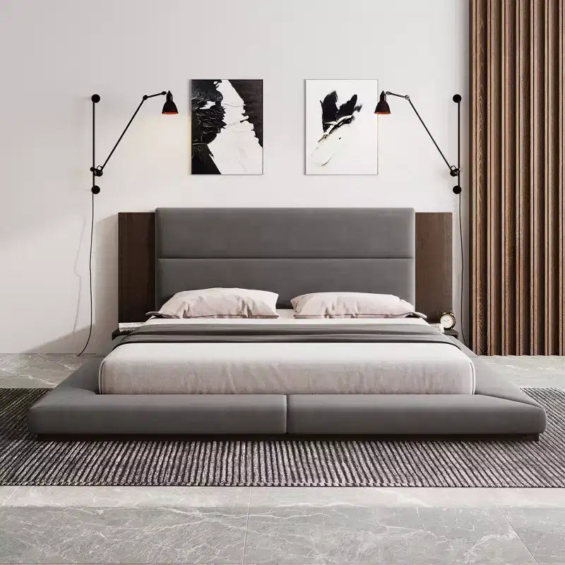 GDFStudio Bacon Floor Upholstered Platform Bed with Extended Wood Headboard and Built-In Bedside Shelves