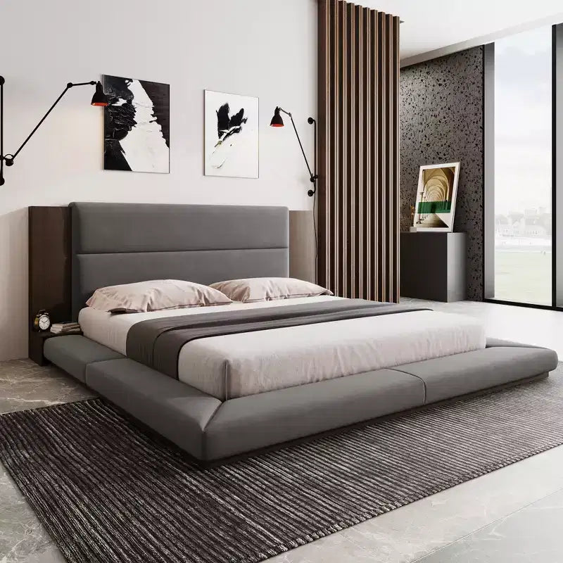 GDFStudio Bacon Floor Upholstered Platform Bed with Extended Wood Headboard and Built-In Bedside Shelves
