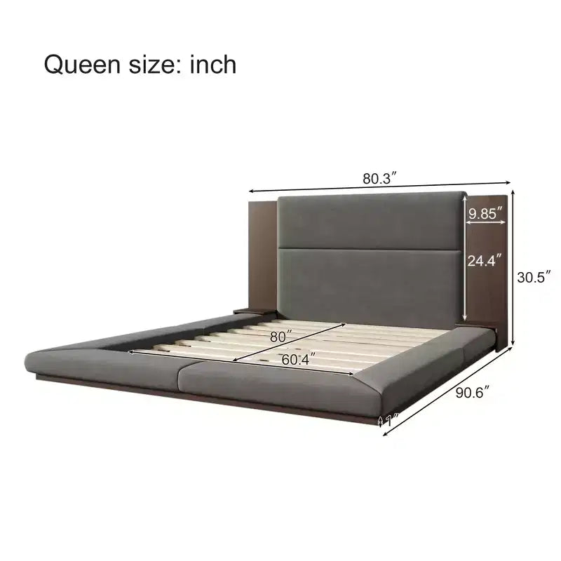 GDFStudio Bacon Floor Upholstered Platform Bed with Extended Wood Headboard and Built-In Bedside Shelves