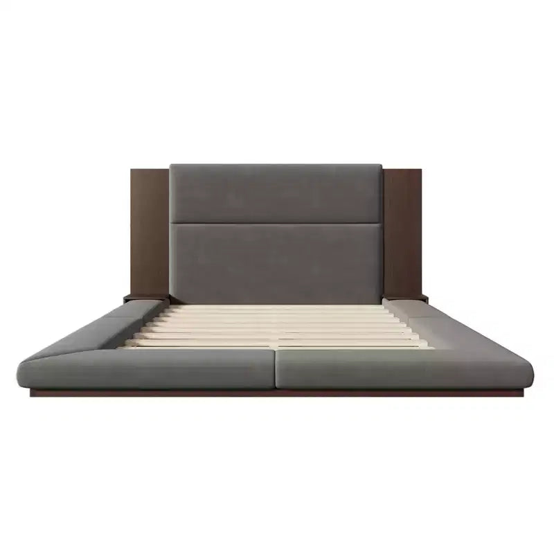 GDFStudio Bacon Floor Upholstered Platform Bed with Extended Wood Headboard and Built-In Bedside Shelves