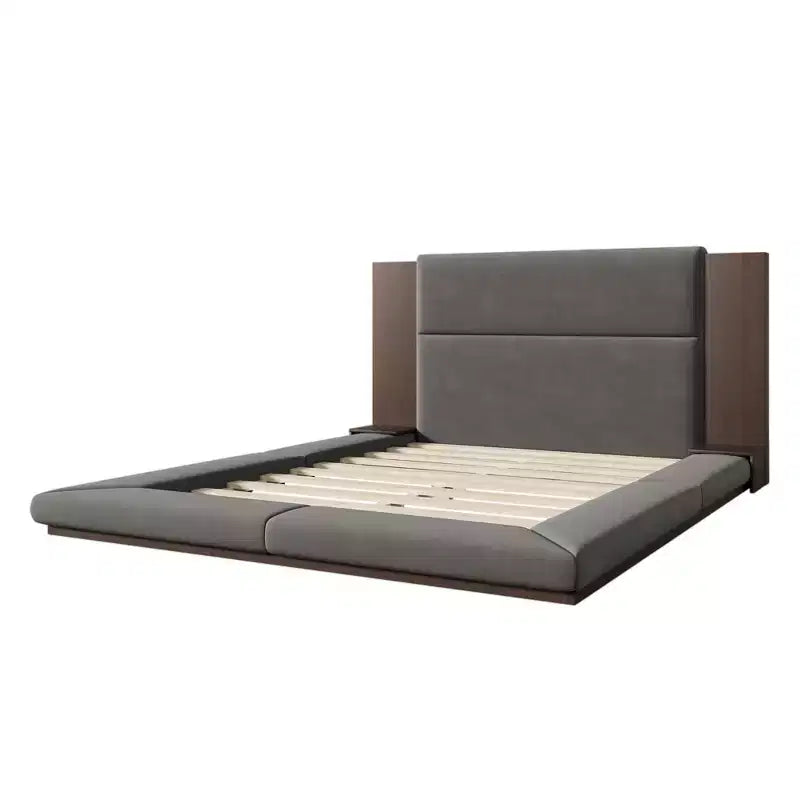 GDFStudio Bacon Floor Upholstered Platform Bed with Extended Wood Headboard and Built-In Bedside Shelves