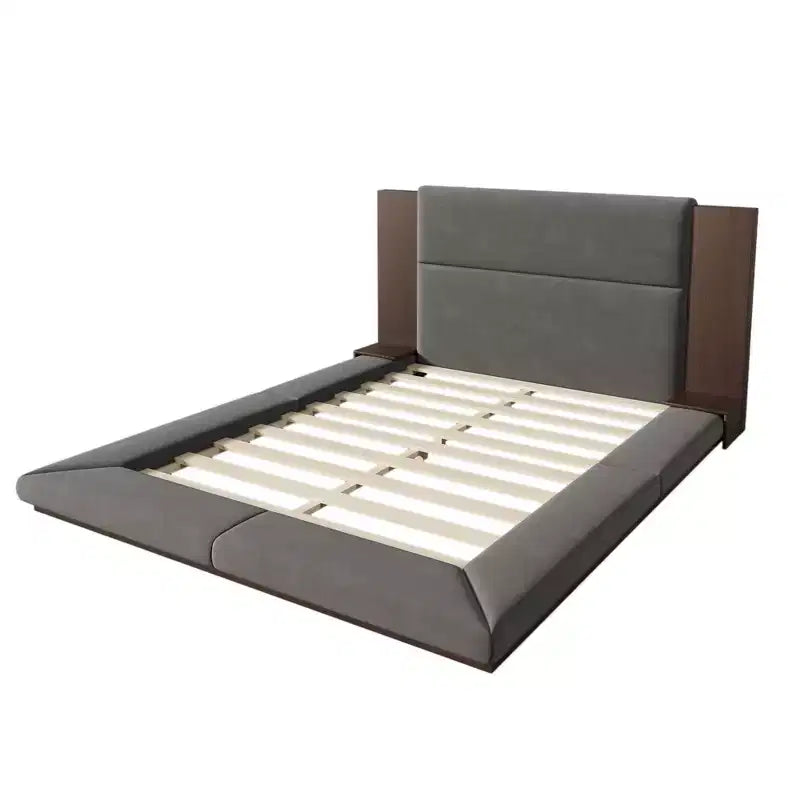 GDFStudio Bacon Floor Upholstered Platform Bed with Extended Wood Headboard and Built-In Bedside Shelves