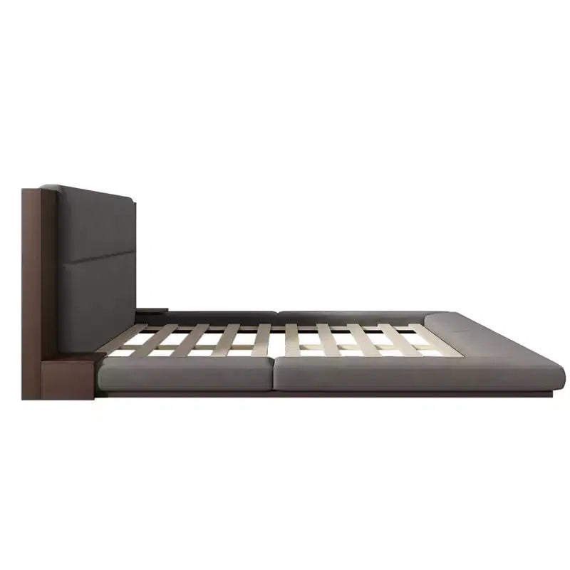 GDFStudio Bacon Floor Upholstered Platform Bed with Extended Wood Headboard and Built-In Bedside Shelves