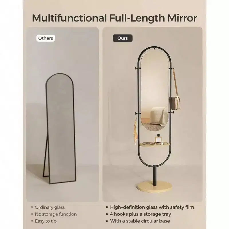 Full-Length Standing Mirror, 3-in-1 Award-Winning Design. In Oak Beige & Ink Black for Living Room, Bedroom Decor