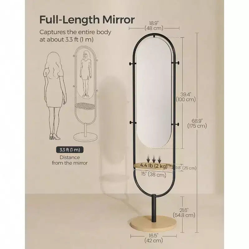Full-Length Standing Mirror, 3-in-1 Award-Winning Design. In Oak Beige & Ink Black for Living Room, Bedroom Decor
