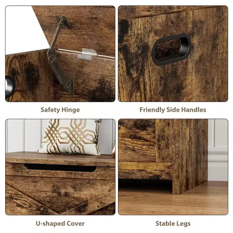 Wooden Storage Bench with Safety Hinge and Multipurpose Seat, Large Shoe Storage Cabinet, Multi-Functional, for Entryway, Living Room, Bedroom