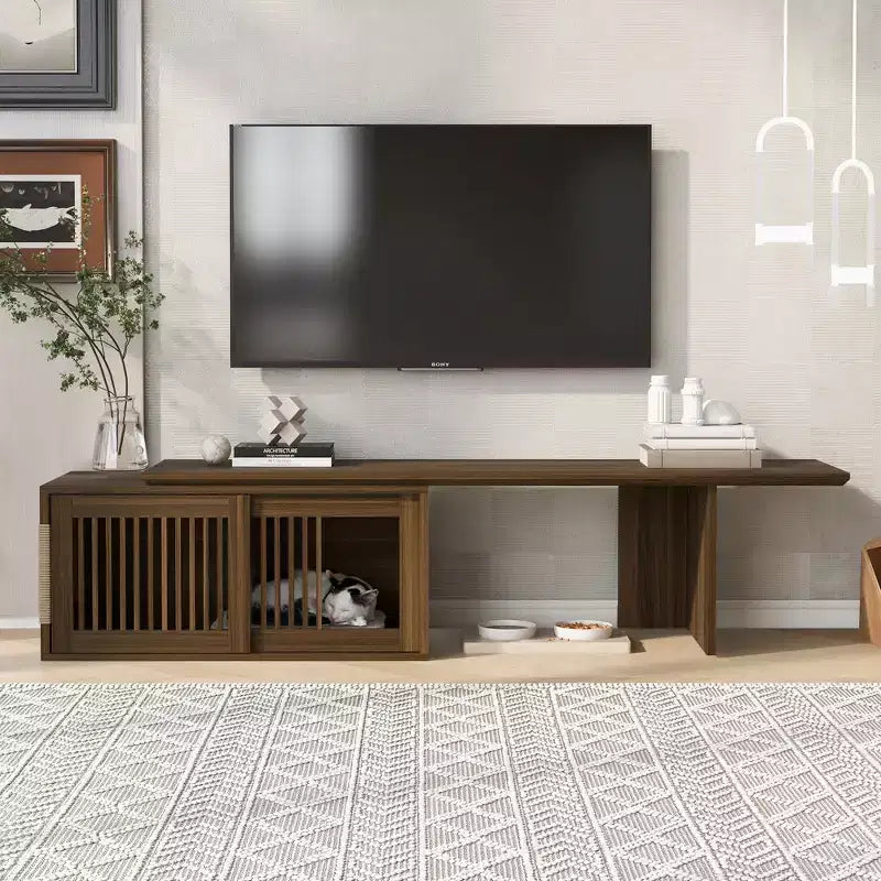 Medieval-style modern walnut TV stand with extendable table, soft cushions, sliding doors, and cat-friendly furniture Walnut