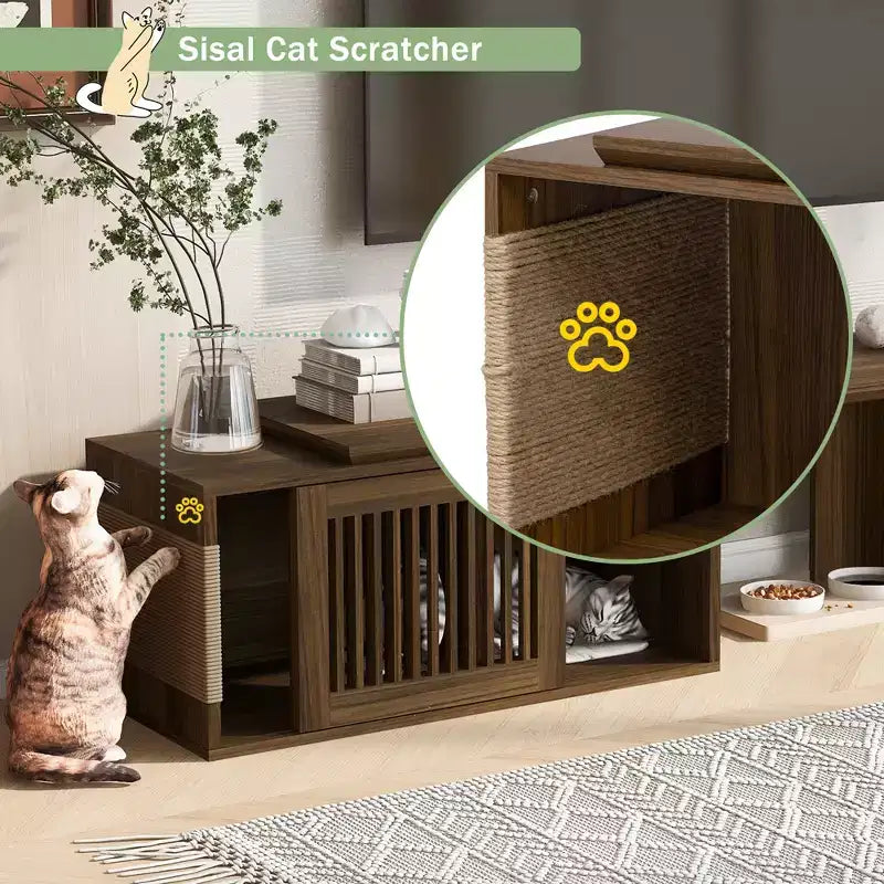Medieval-style modern walnut TV stand with extendable table, soft cushions, sliding doors, and cat-friendly furniture Walnut
