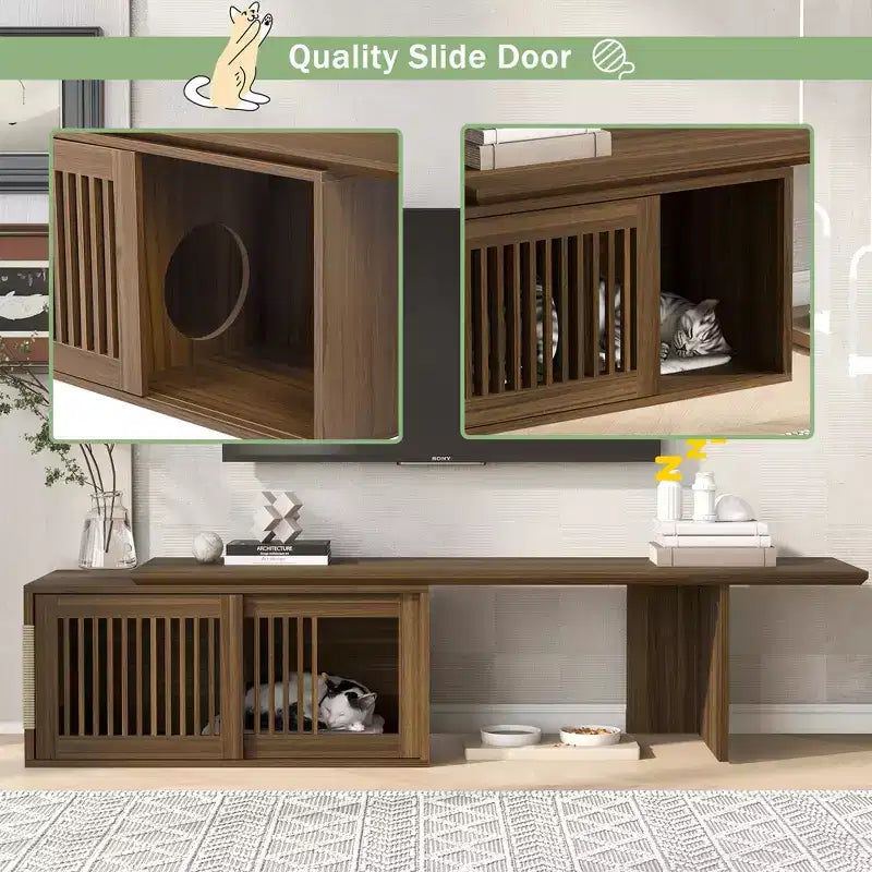 Medieval-style modern walnut TV stand with extendable table, soft cushions, sliding doors, and cat-friendly furniture Walnut