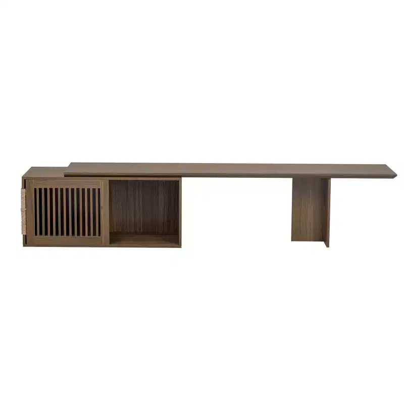 Medieval-style modern walnut TV stand with extendable table, soft cushions, sliding doors, and cat-friendly furniture Walnut