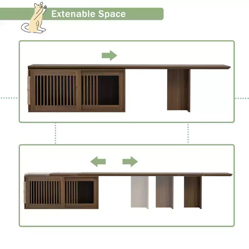 Medieval-style modern walnut TV stand with extendable table, soft cushions, sliding doors, and cat-friendly furniture Walnut