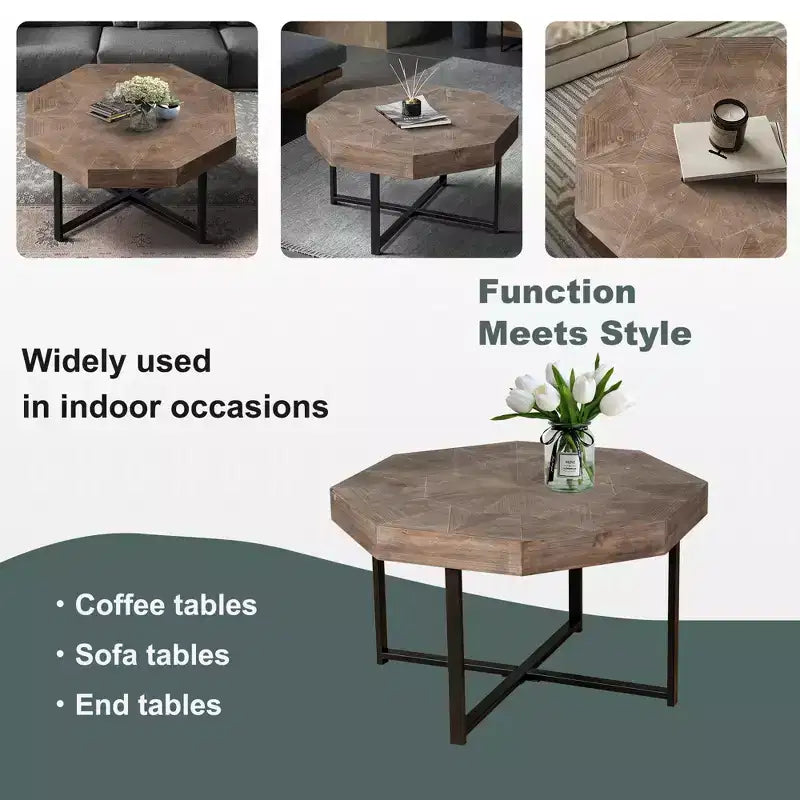 TUYOHW 29.1 Vintage Coffee Table for Living Room,Wooden Octagonal Center Table with Steel Crisscross Base,30 Inch Cocktail Table