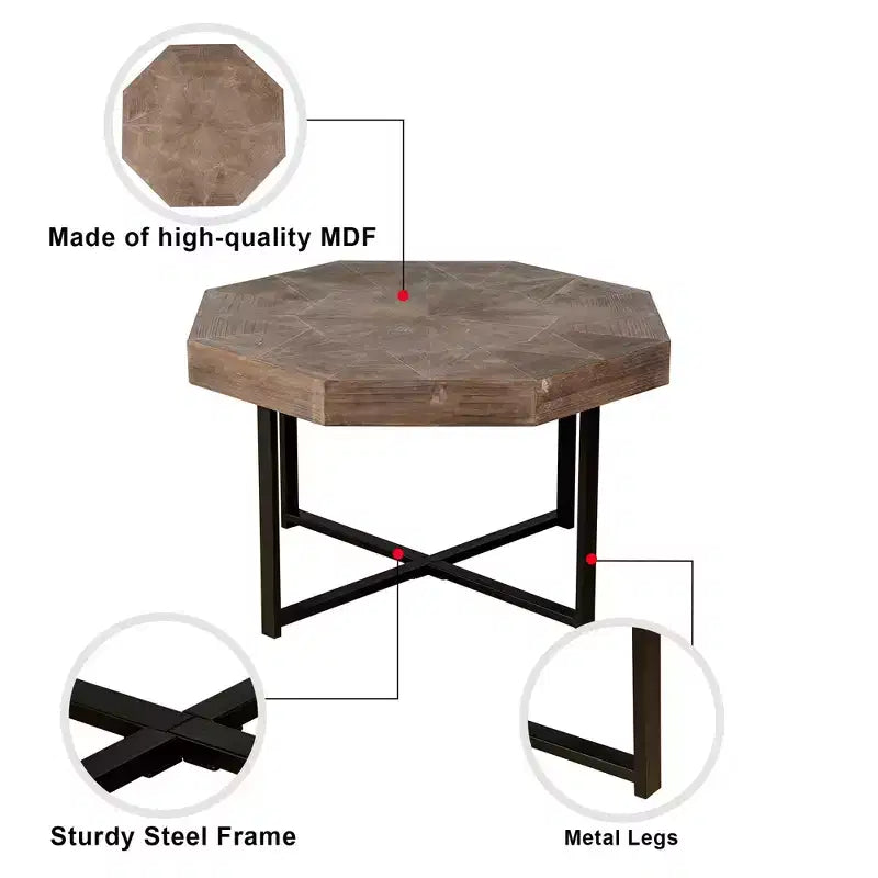 TUYOHW 29.1 Vintage Coffee Table for Living Room,Wooden Octagonal Center Table with Steel Crisscross Base,30 Inch Cocktail Table