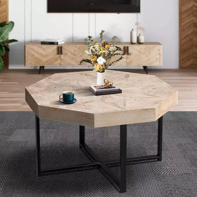 TUYOHW 29.1 Vintage Coffee Table for Living Room,Wooden Octagonal Center Table with Steel Crisscross Base,30 Inch Cocktail Table