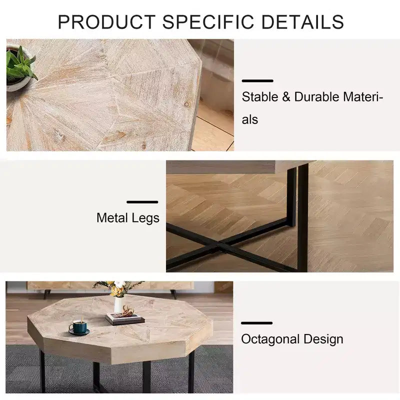 TUYOHW 29.1 Vintage Coffee Table for Living Room,Wooden Octagonal Center Table with Steel Crisscross Base,30 Inch Cocktail Table