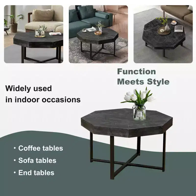 TUYOHW 29.1 Vintage Coffee Table for Living Room,Wooden Octagonal Center Table with Steel Crisscross Base,30 Inch Cocktail Table