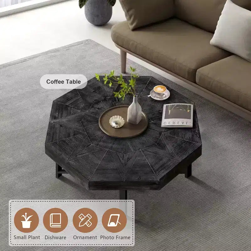 TUYOHW 29.1 Vintage Coffee Table for Living Room,Wooden Octagonal Center Table with Steel Crisscross Base,30 Inch Cocktail Table